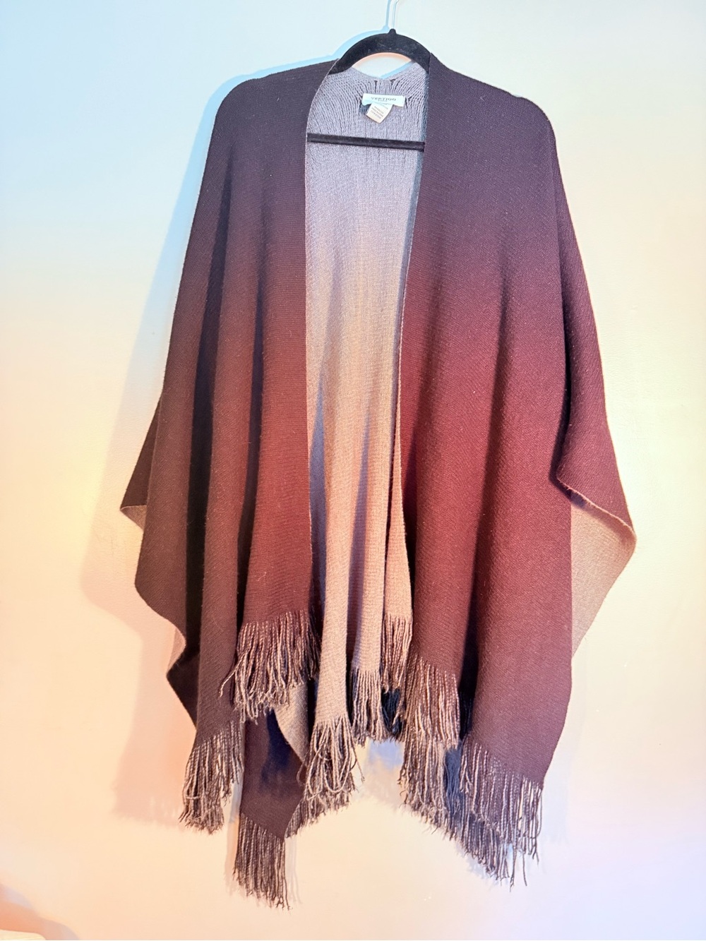 Fringed Open Poncho Wrap, Black and Charcoal by Vertigo